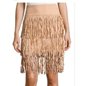 Suede Cowgirl Skirt Fringe Mini Tan Beige Faux Western Midi Festival Boho $135